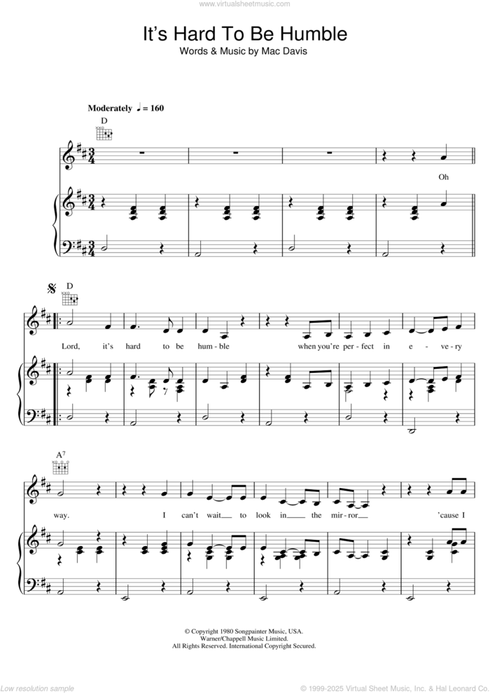 It's Hard To Be Humble sheet music for voice, piano or guitar by Mac Davis, intermediate skill level