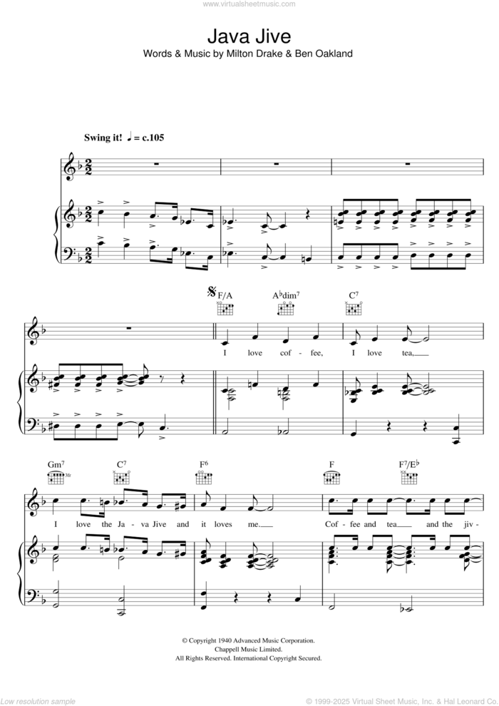 Java Jive sheet music for voice, piano or guitar by The Ink Spots, Ben Oakland and Milton Drake, intermediate skill level