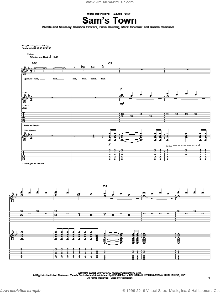 Sam's Town sheet music for guitar (tablature) by The Killers, Brandon Flowers, Dave Keuning, Mark Stoermer and Ronnie Vannucci, intermediate skill level
