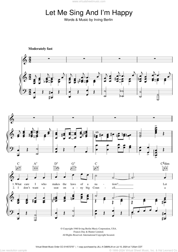 Let Me Sing And I'm Happy sheet music for voice, piano or guitar by Al Jolson and Irving Berlin, intermediate skill level