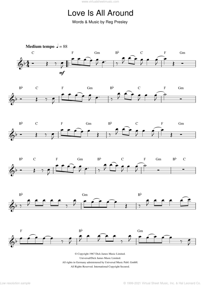 Love Is All Around sheet music for alto saxophone solo by Wet Wet Wet, The Troggs and Reg Presley, intermediate skill level