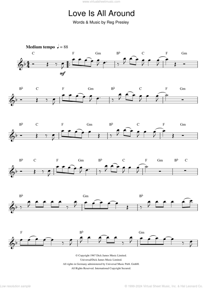 Love Is All Around sheet music for alto saxophone solo by Wet Wet Wet, The Troggs and Reg Presley, intermediate skill level