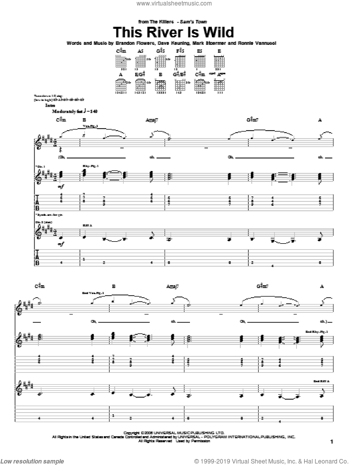 This River Is Wild sheet music for guitar (tablature) by The Killers, Brandon Flowers, Dave Keuning, Mark Stoermer and Ronnie Vannucci, intermediate skill level