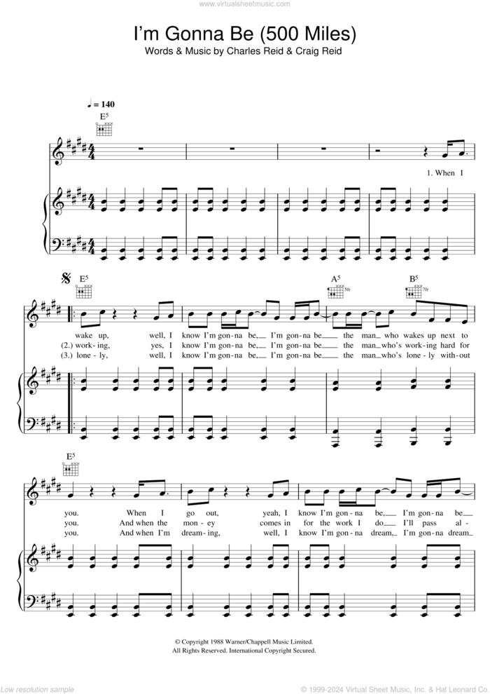 I'm Gonna Be (500 Miles) sheet music for voice, piano or guitar by The Proclaimers, Charles Reid and Craig Reid, intermediate skill level