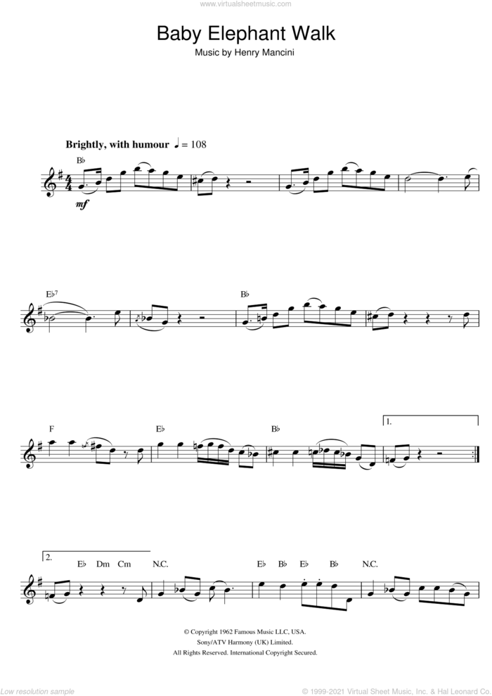 Baby Elephant Walk (from Hatari!) sheet music for alto saxophone solo by Henry Mancini, intermediate skill level
