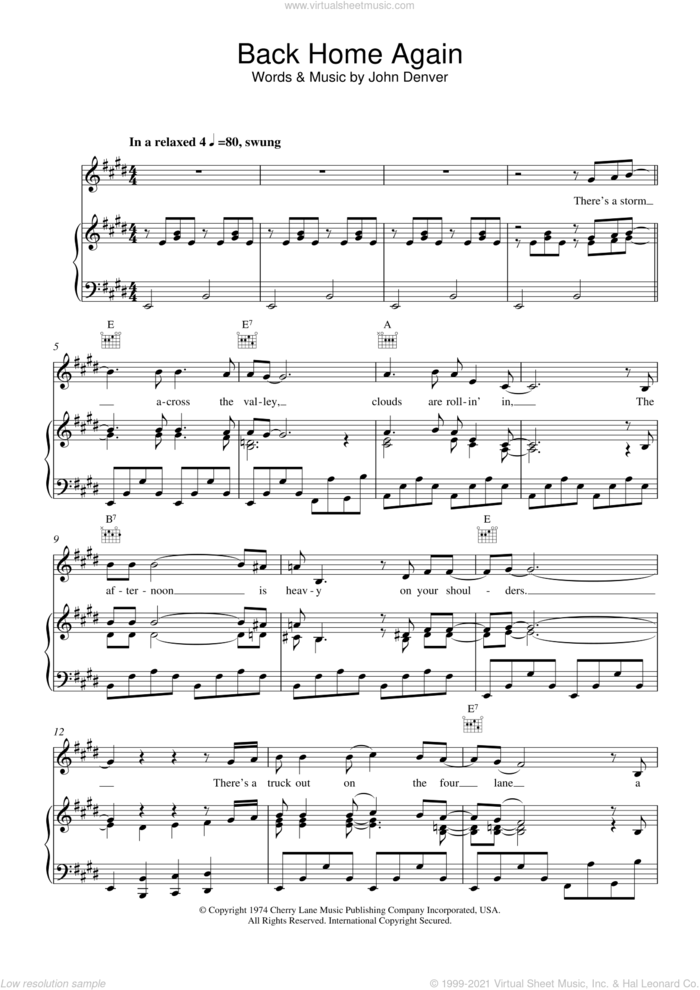 Back Home Again sheet music for voice, piano or guitar by John Denver, intermediate skill level