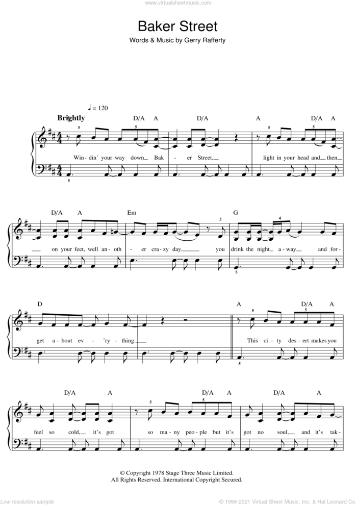 Baker Street sheet music for piano solo (beginners) by Gerry Rafferty, beginner piano (beginners)