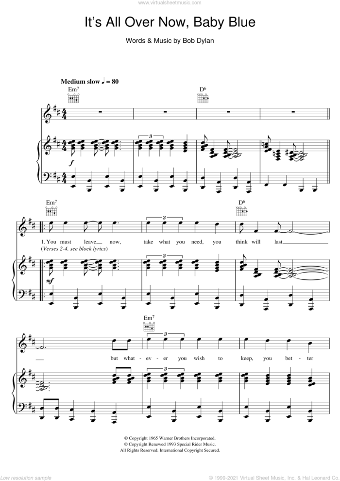 It's All Over Now, Baby Blue sheet music for voice, piano or guitar by Bob Dylan, intermediate skill level