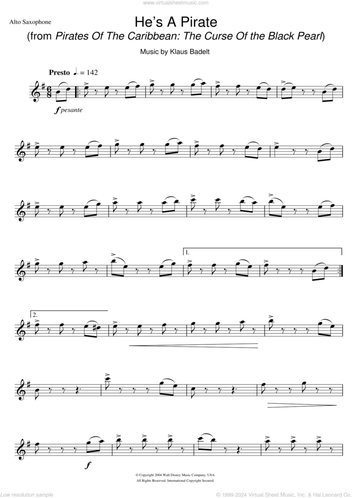 He's A Pirate (from Pirates Of The Caribbean: The Curse Of The Black Pearl) sheet music for alto saxophone solo by Klaus Badelt, intermediate skill level