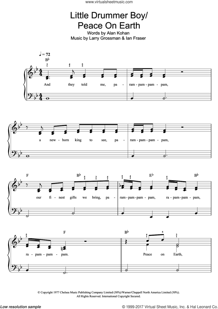 Peace On Earth / Little Drummer Boy sheet music for piano solo by Larry Grossman, Bing Crosby, David Bowie, Alan Kohan and Ian Fraser, easy skill level