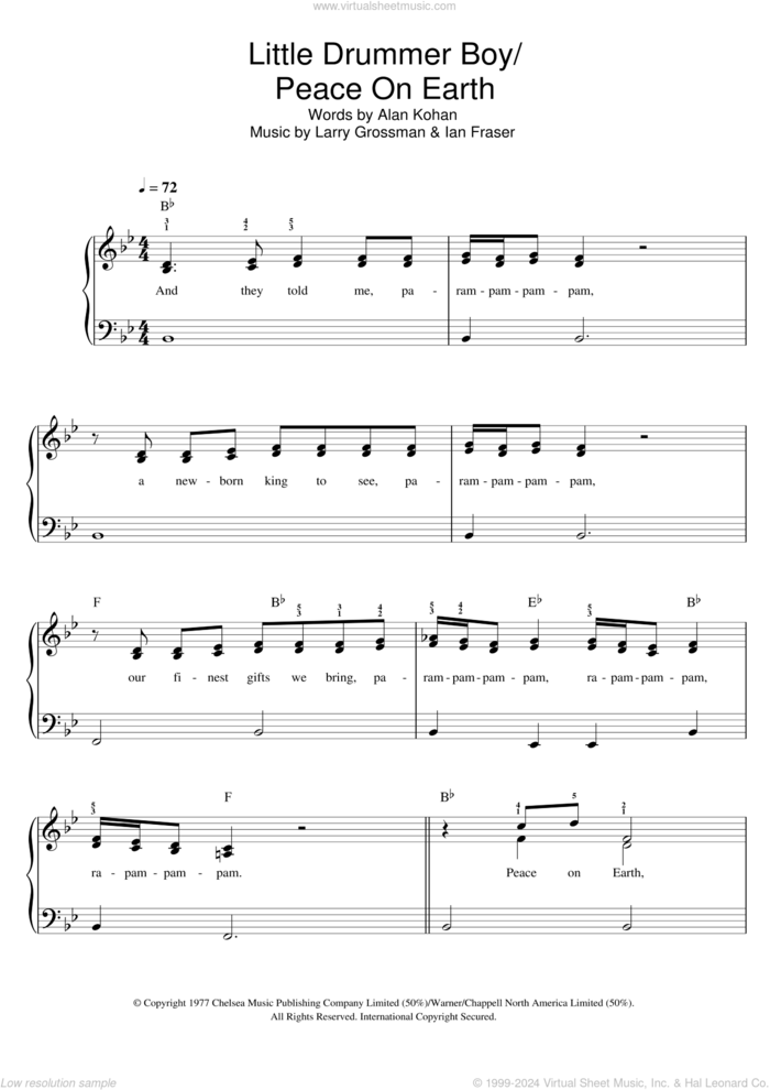 Peace On Earth / Little Drummer Boy sheet music for piano solo by Larry Grossman, Bing Crosby, David Bowie, Alan Kohan and Ian Fraser, easy skill level