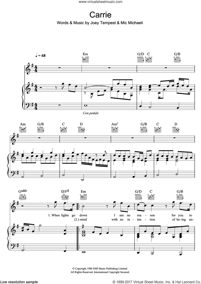 Carrie sheet music for voice, piano or guitar by Europe, Joey Tempest and Mic Michaeli, intermediate skill level