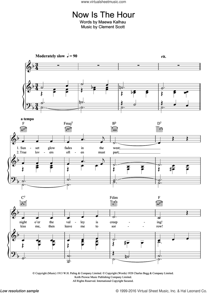 Now Is The Hour sheet music for voice, piano or guitar by Vera Lynn, Clement Scott and Maewa Kalhau, intermediate skill level