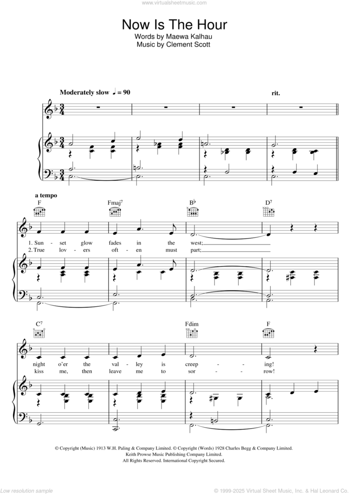 Now Is The Hour sheet music for voice, piano or guitar by Vera Lynn, Clement Scott and Maewa Kalhau, intermediate skill level