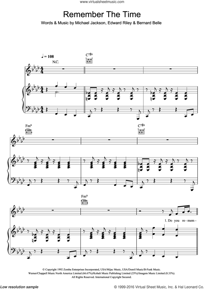 Remember The Time sheet music for voice, piano or guitar by Michael Jackson, Bernard Belle and Edward Riley, intermediate skill level