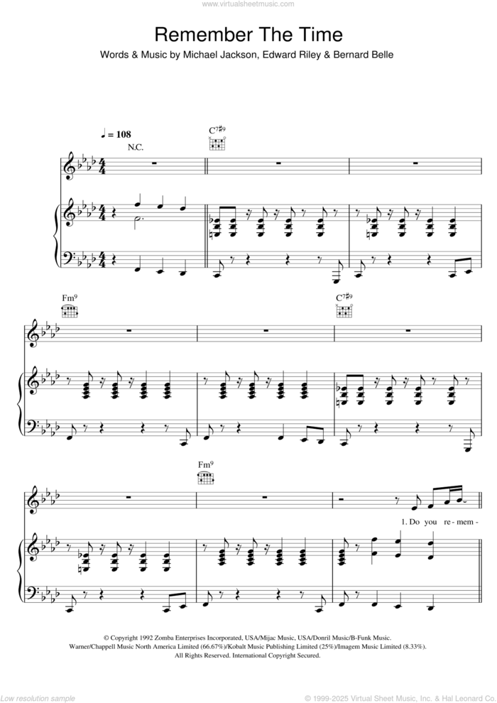 Remember The Time sheet music for voice, piano or guitar by Michael Jackson, Bernard Belle and Edward Riley, intermediate skill level