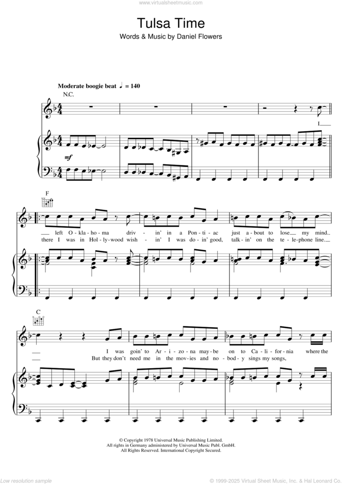 Tulsa Time sheet music for voice, piano or guitar by Don Williams and Danny Flowers, intermediate skill level