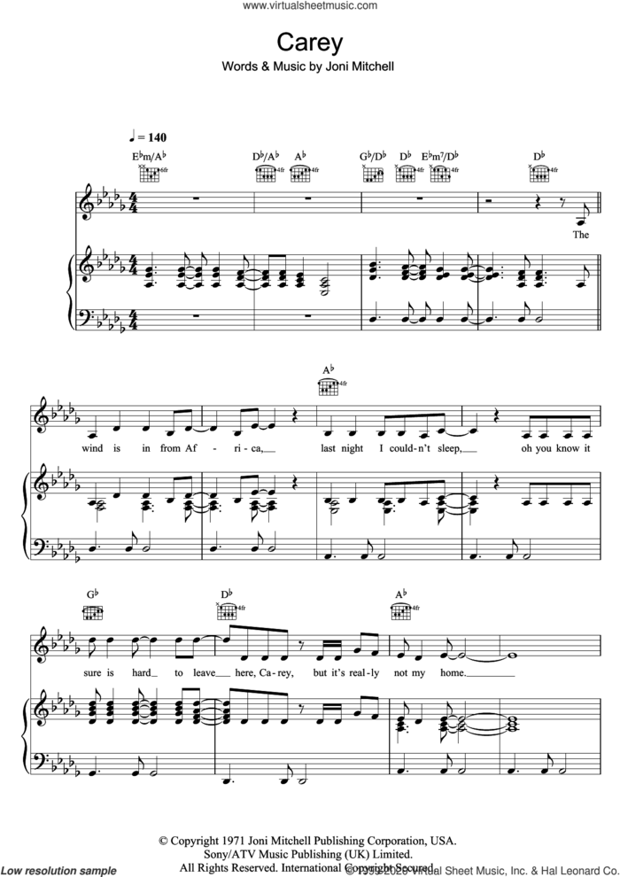 Carey sheet music for voice, piano or guitar by Joni Mitchell, intermediate skill level
