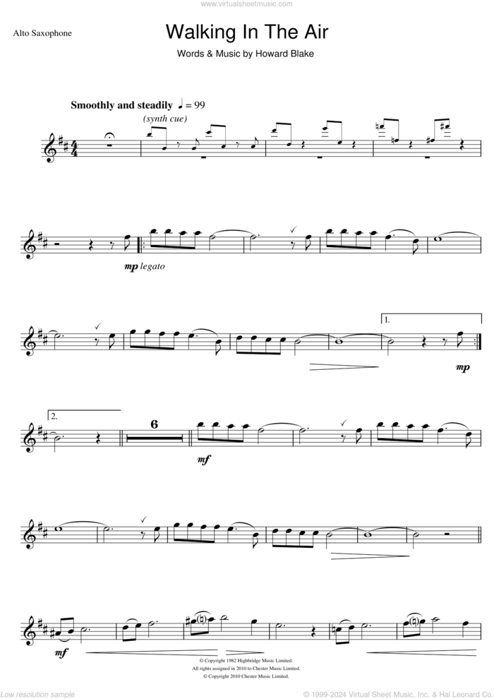 Walking In The Air (theme from The Snowman) sheet music for alto saxophone solo by Howard Blake and Aled Jones, intermediate skill level