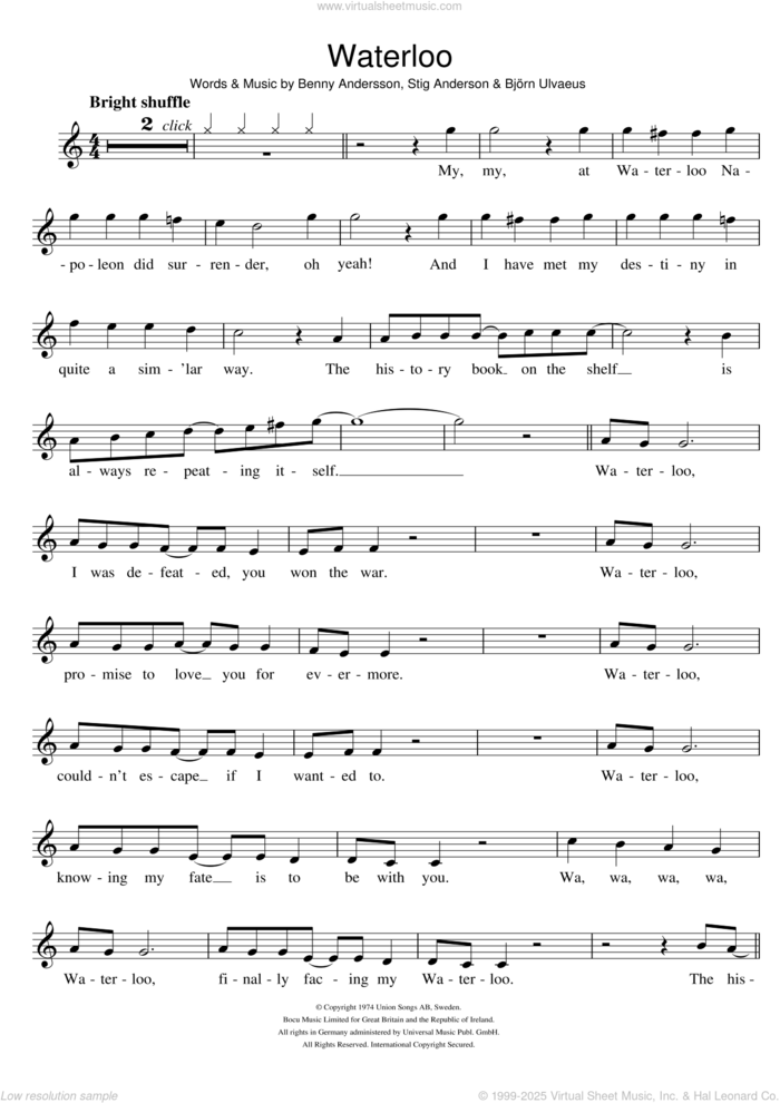 Waterloo sheet music for recorder solo by ABBA, Benny Andersson, Bjorn Ulvaeus and Stig Anderson, intermediate skill level