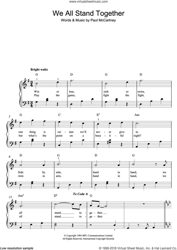 We All Stand Together sheet music for piano solo by Paul McCartney, easy skill level