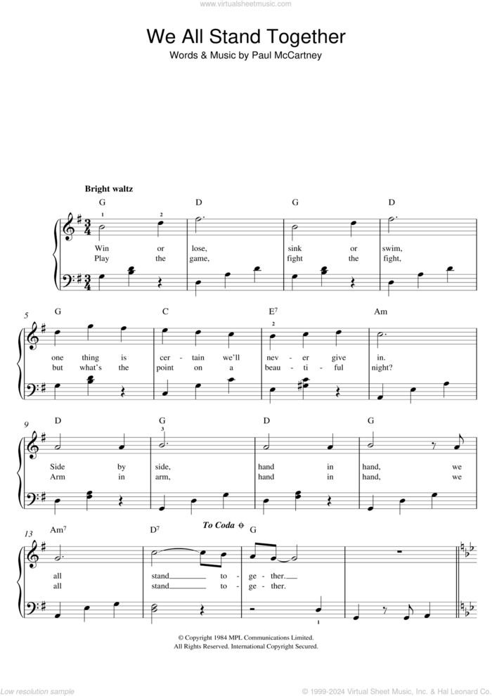 We All Stand Together sheet music for piano solo by Paul McCartney, easy skill level