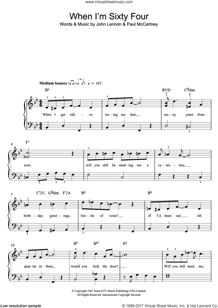 When I'm Sixty-Four sheet music for piano solo by The Beatles, Paul McCartney and John Lennon, easy skill level