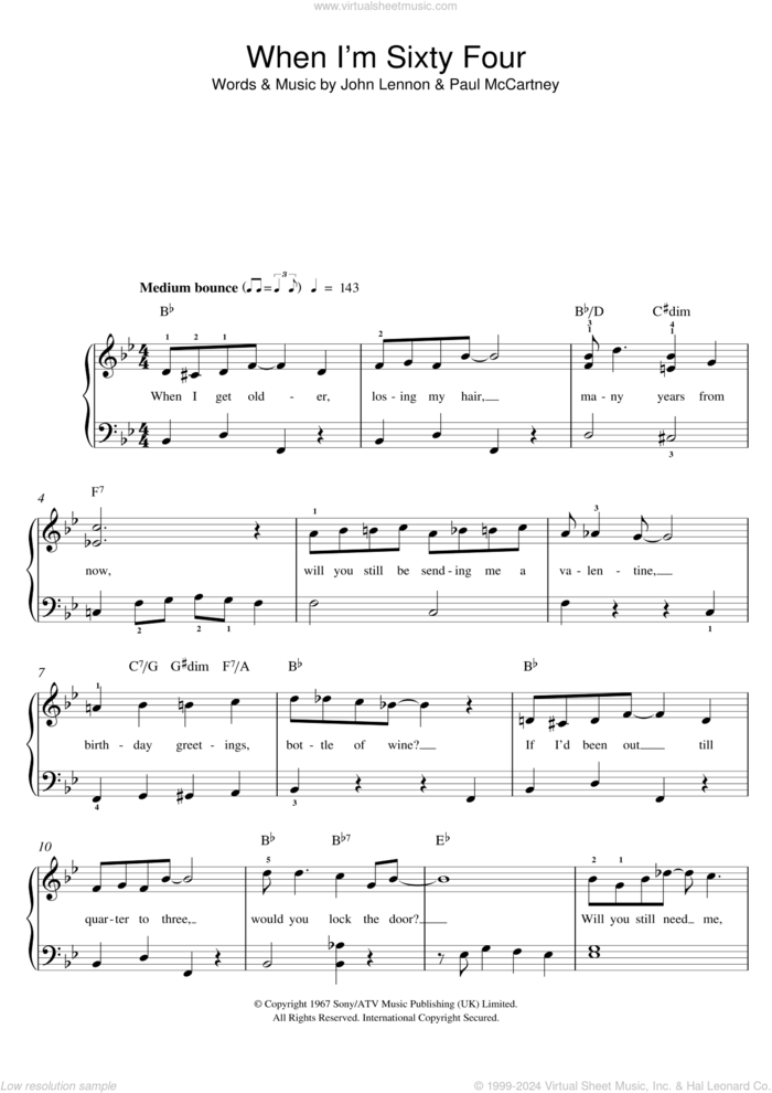 When I'm Sixty-Four sheet music for piano solo by The Beatles, Paul McCartney and John Lennon, easy skill level