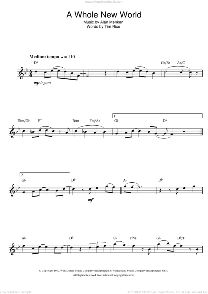 A Whole New World (from Aladdin) sheet music for alto saxophone solo by Alan Menken, Alan Menken & Tim Rice and Tim Rice, wedding score, intermediate skill level