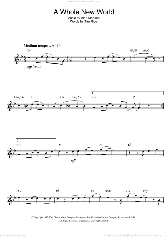 A Whole New World (from Aladdin) sheet music for alto saxophone solo by Alan Menken, Alan Menken & Tim Rice and Tim Rice, wedding score, intermediate skill level