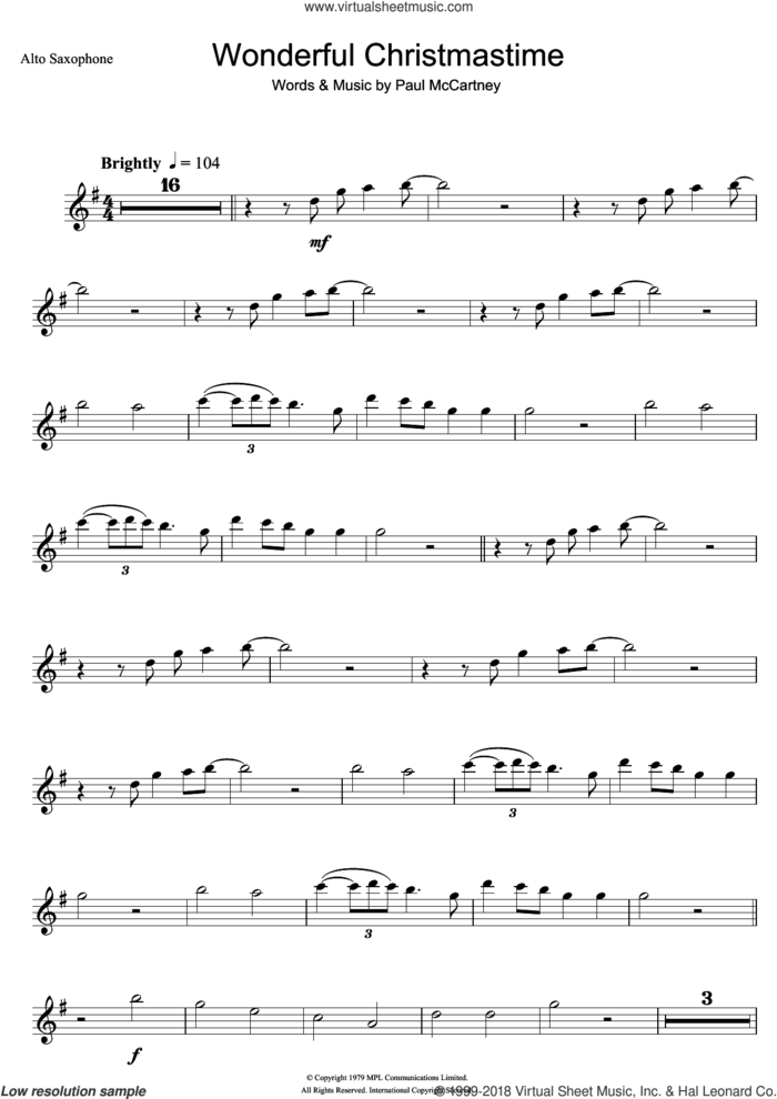 Wonderful Christmastime sheet music for alto saxophone solo by Paul McCartney, intermediate skill level