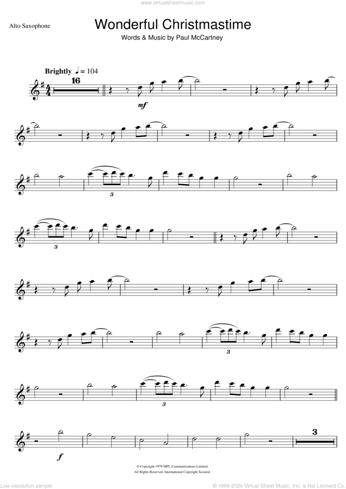 Wonderful Christmastime sheet music for alto saxophone solo by Paul McCartney, intermediate skill level