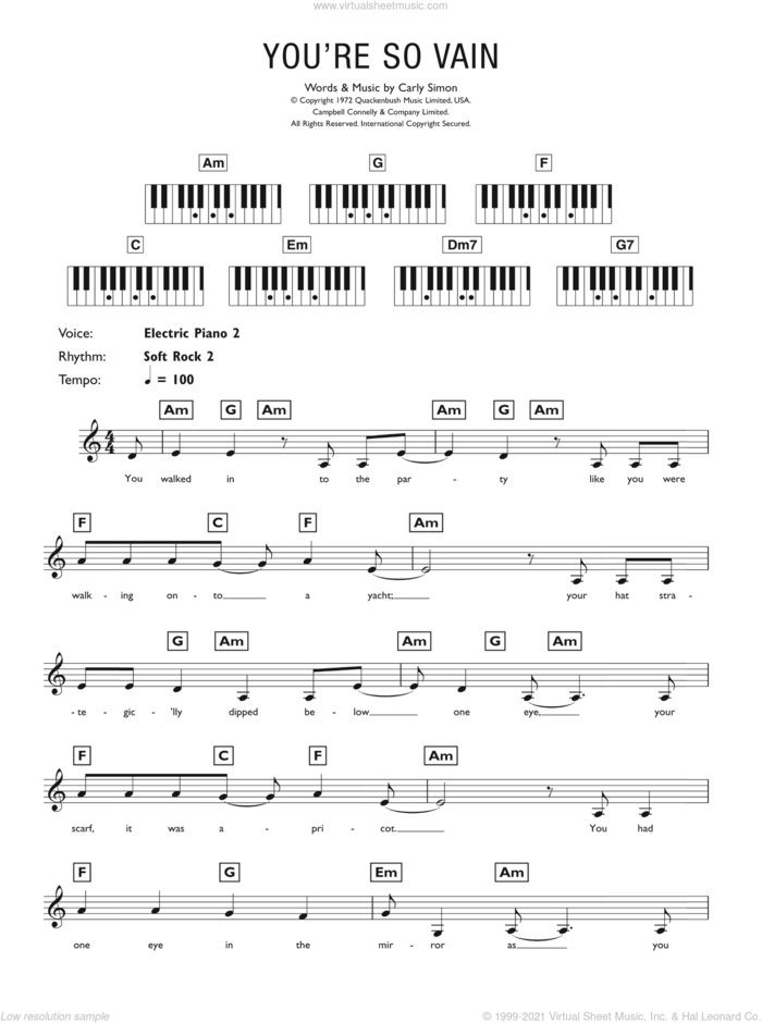 You're So Vain sheet music for piano solo (chords, lyrics, melody) by Carly Simon, intermediate piano (chords, lyrics, melody)
