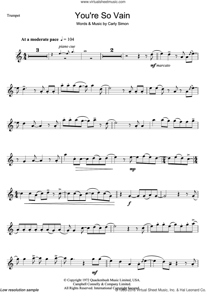 You're So Vain sheet music for trumpet solo by Carly Simon, intermediate skill level