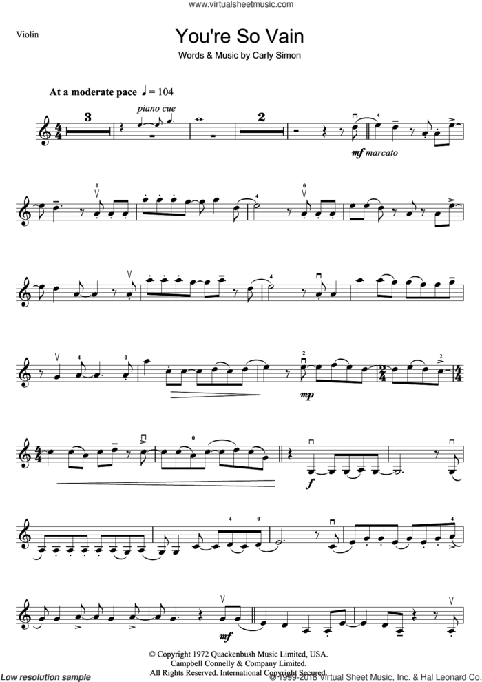 You're So Vain sheet music for violin solo by Carly Simon, intermediate skill level