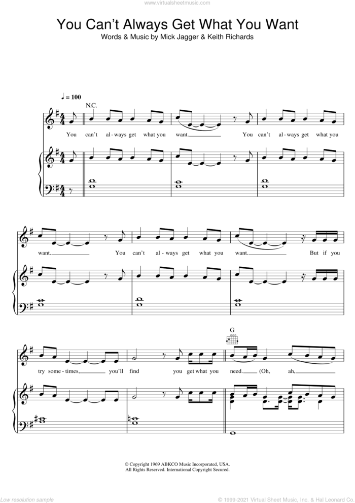 You Can't Always Get What You Want sheet music for voice, piano or guitar by Glee Cast, Keith Richards and Mick Jagger, intermediate skill level