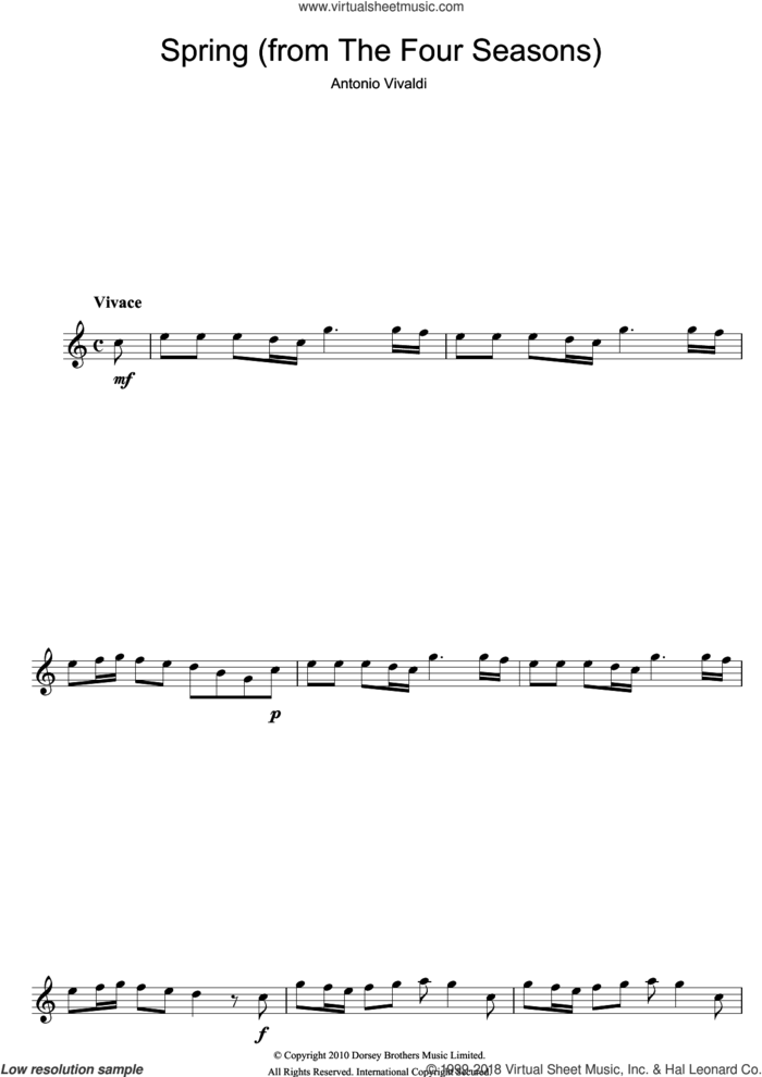 Spring (from The Four Seasons) sheet music for alto saxophone solo by Antonio Vivaldi, classical score, intermediate skill level