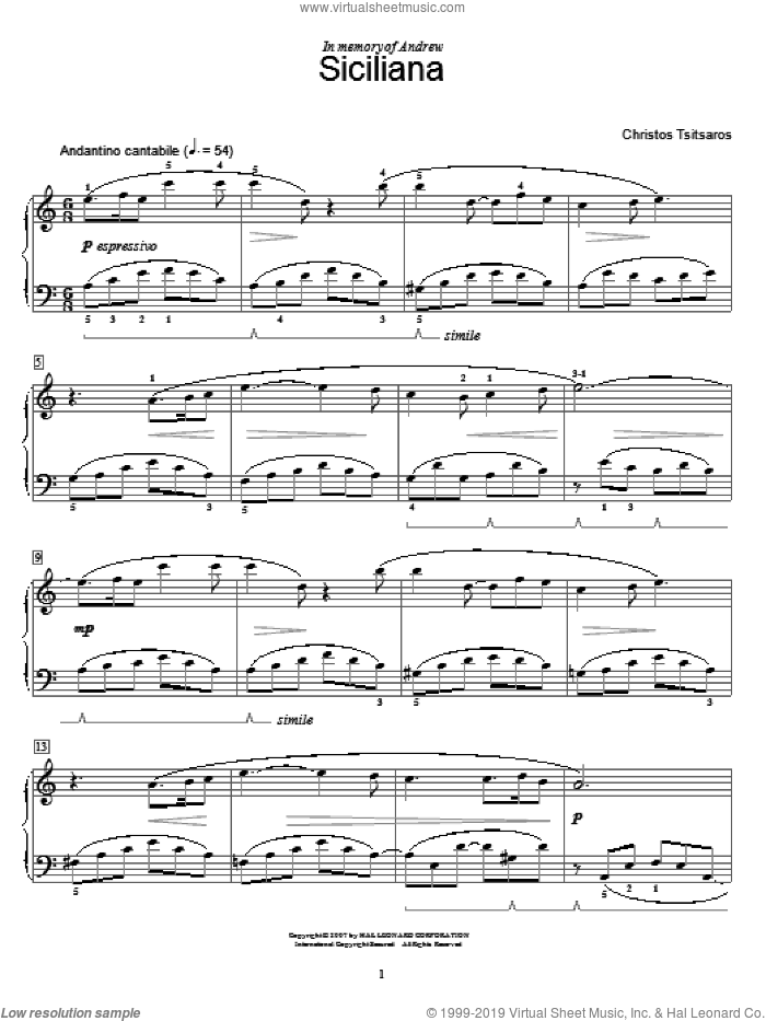 Siciliana sheet music for piano solo (elementary) by Christos Tsitsaros and Miscellaneous, beginner piano (elementary)