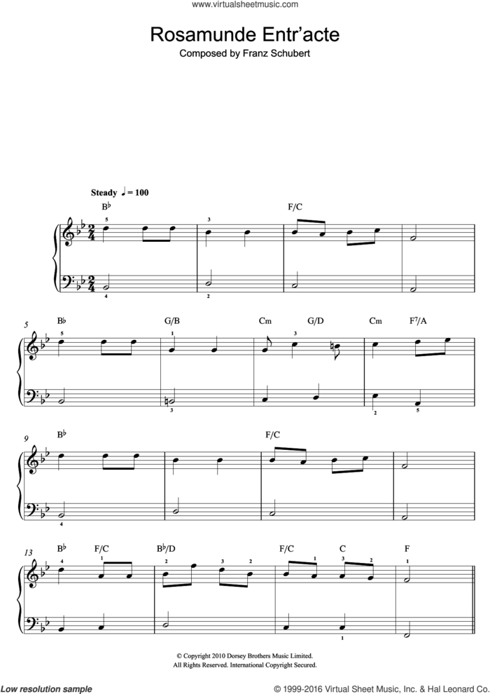 Rosamunde Entr'acte sheet music for piano solo (beginners) by Franz Schubert, classical score, beginner piano (beginners)