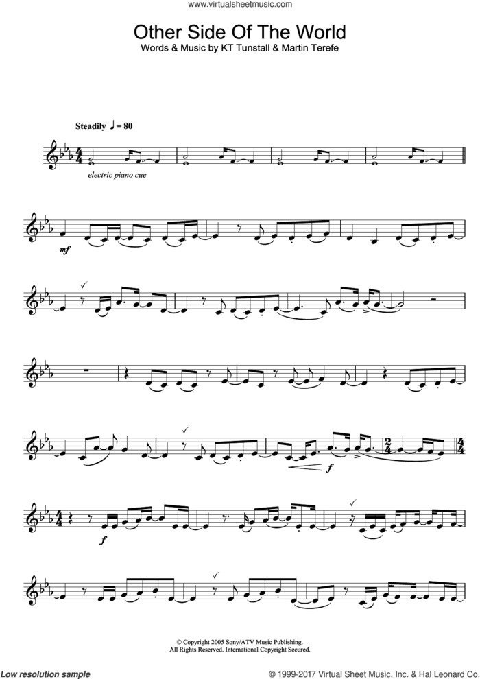 Other Side Of The World sheet music for alto saxophone solo by KT Tunstall and Martin Terefe, intermediate skill level