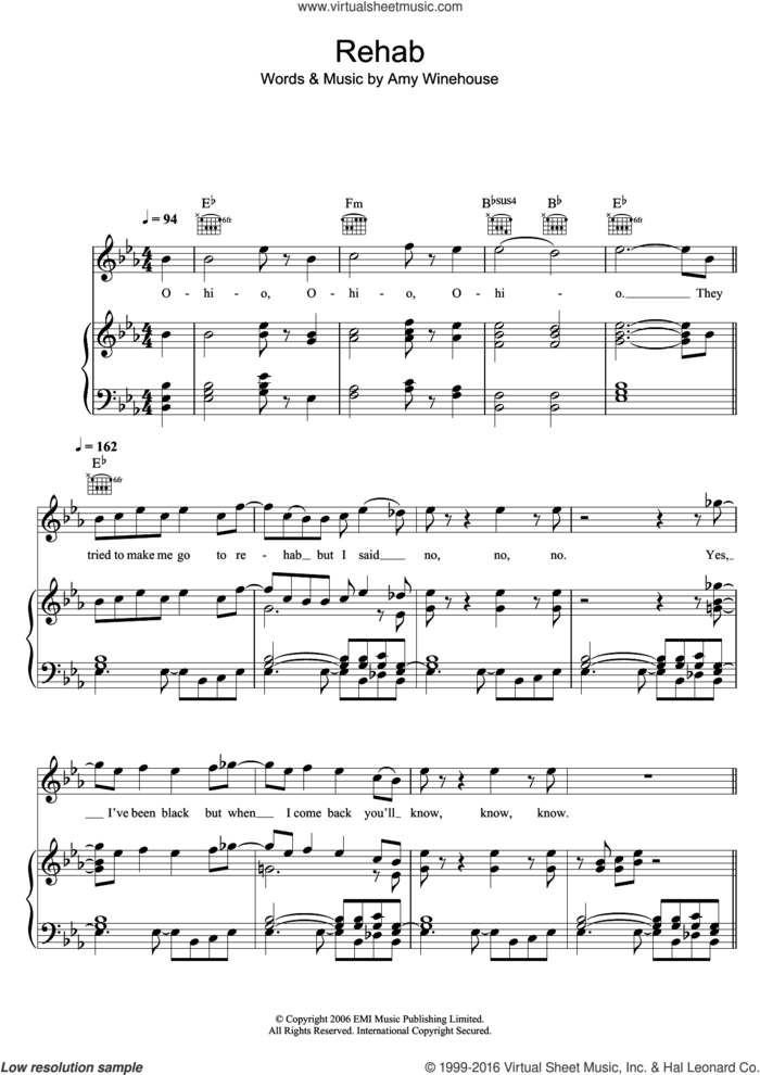 Rehab sheet music for voice, piano or guitar by Glee Cast and Amy Winehouse, intermediate skill level