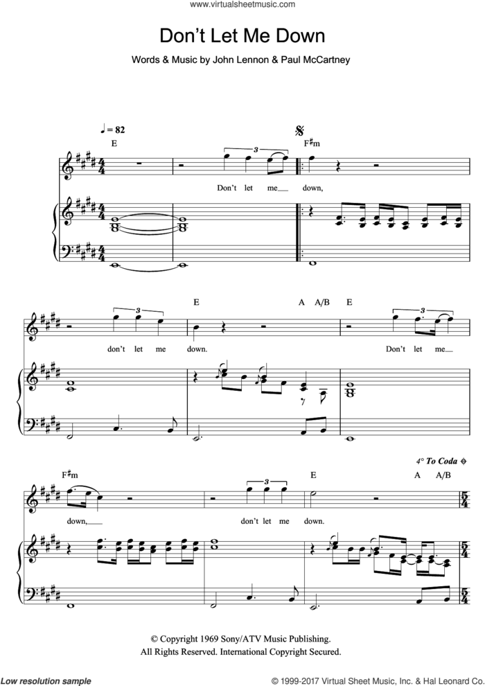 Don't Let Me Down sheet music for voice, piano or guitar by The Beatles, John Lennon and Paul McCartney, intermediate skill level