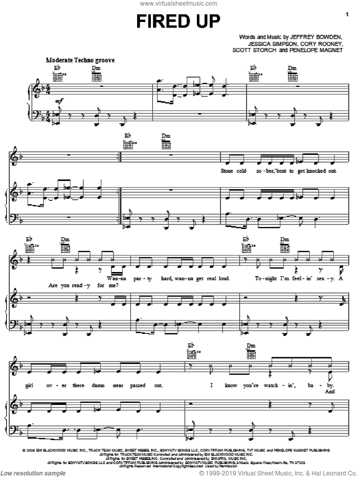 Fired Up sheet music for voice, piano or guitar by Jessica Simpson, Cory Rooney, Jeffrey Bowden, Penelope Magnet and Scott Storch, intermediate skill level