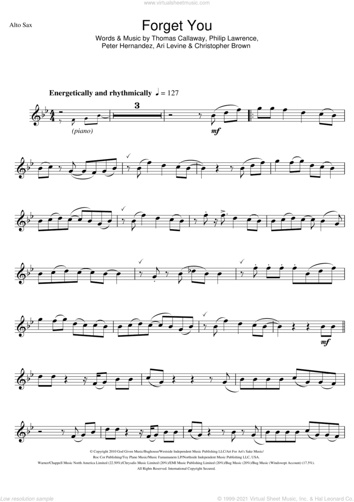 Forget You sheet music for alto saxophone solo by Cee Lo Green, Ari Levine, Chris Brown, Peter Hernandez, Philip Lawrence and Thomas Callaway, intermediate skill level