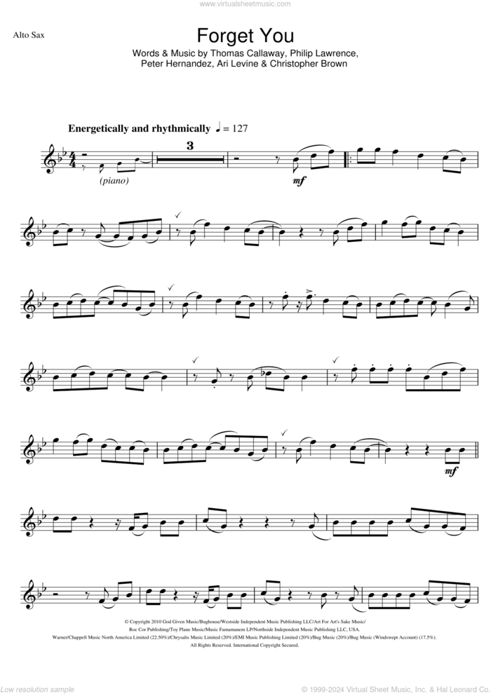 Forget You sheet music for alto saxophone solo by Cee Lo Green, Ari Levine, Chris Brown, Peter Hernandez, Philip Lawrence and Thomas Callaway, intermediate skill level