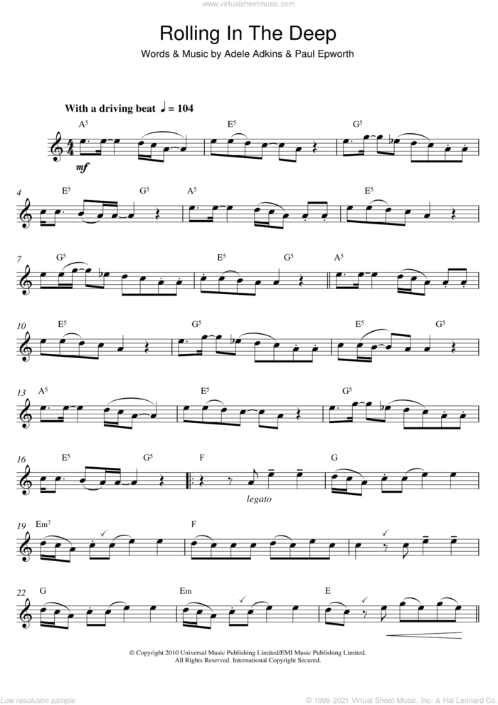 Rolling In The Deep sheet music for alto saxophone solo by Adele and Paul Epworth, intermediate skill level