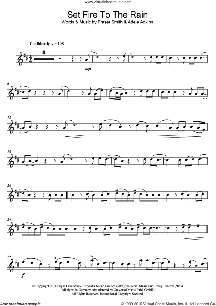 Set Fire To The Rain sheet music for alto saxophone solo by Adele and Fraser T. Smith, intermediate skill level