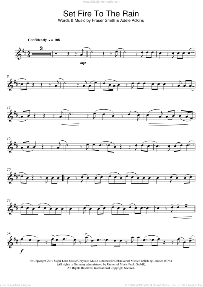 Set Fire To The Rain sheet music for alto saxophone solo by Adele and Fraser T. Smith, intermediate skill level