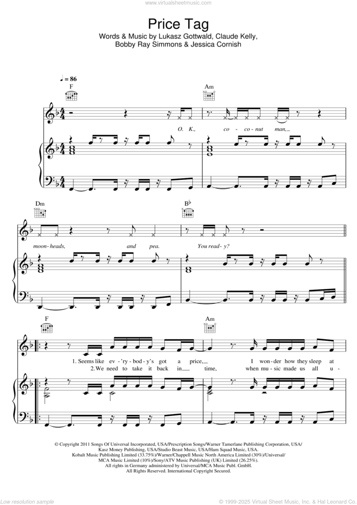 Price Tag (featuring B.o.B) sheet music for voice, piano or guitar by Jessie J, B.o.B., Bobby Ray Simmons, Claude Kelly, Jessica Cornish and Lukasz Gottwald, intermediate skill level