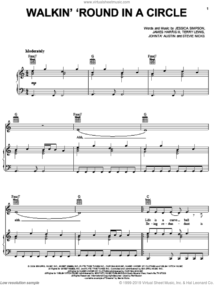 Walkin' 'Round In A Circle sheet music for voice, piano or guitar by Jessica Simpson, James Harris, Stevie Nicks and Terry Lewis, intermediate skill level